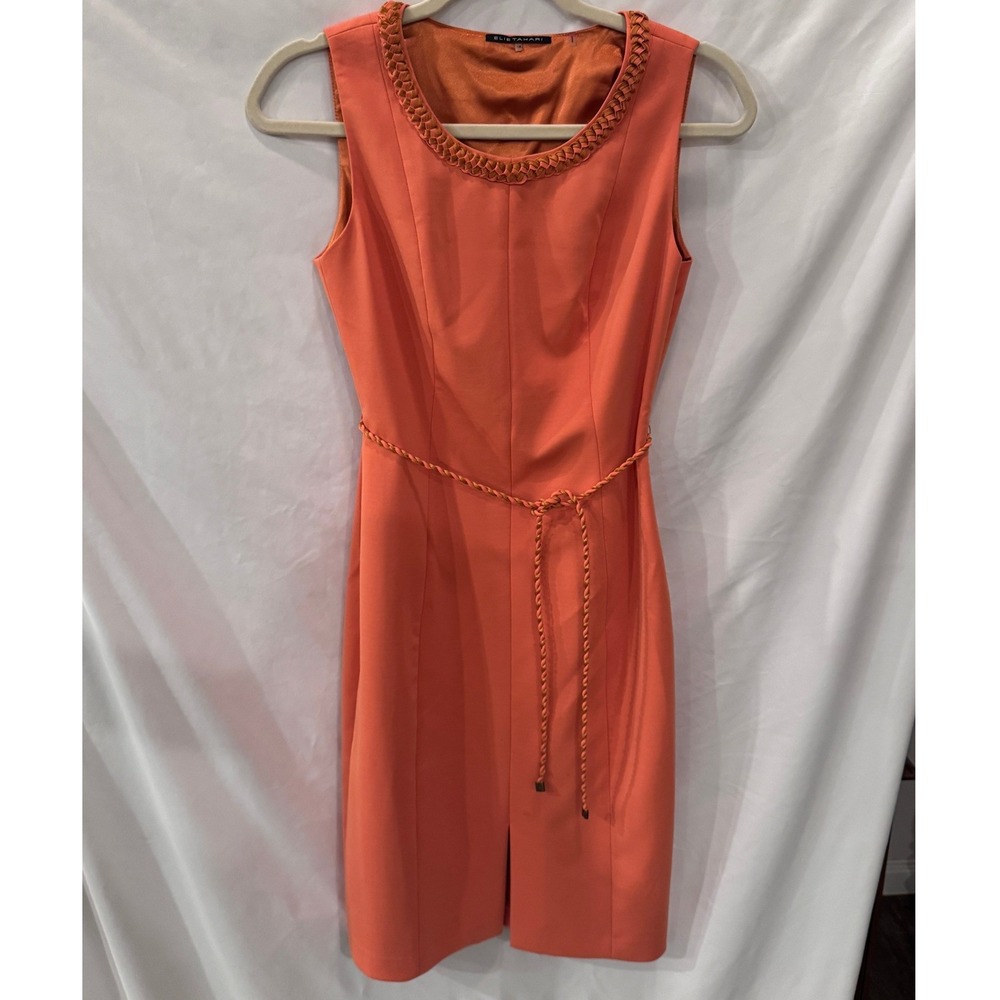 Elie Tahari Coral Orange Braided Neckline Sleeveless Sheath Dress Belted Size 2